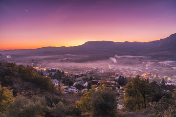 Winter sunset on a mountain village