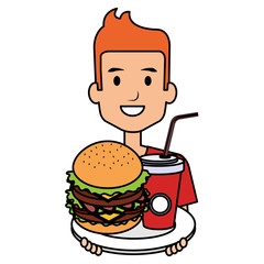 man with delicious burger and soda
