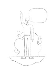 man with hand up and speech bubble