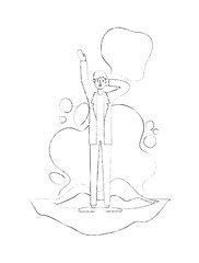 man with hand up and speech bubble