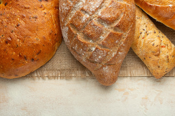Bread homemade on a wooden table.