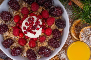Festive Breakfast Cereal with Fruit and Yogurt.  Festive Breakfast Cereal with Fruit and Yogurt.