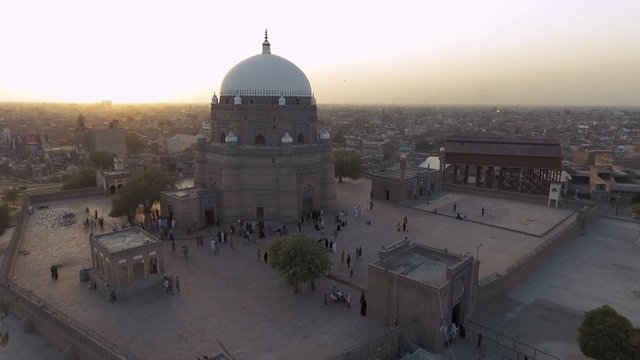 Aerial of Tomb of Shah Rukn-e-Alam at sunset, Multan, Pakistan