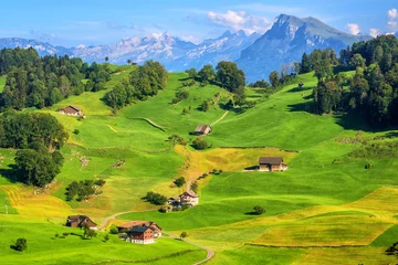 Foto auf Glas Idyllische grüne Wiesen und Alpengebirgslandschaft, die Schweiz © Boris Stroujko