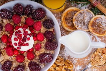 Festive Breakfast Cereal with Fruit and Yogurt.  Festive Breakfast Cereal with Fruit and Yogurt.