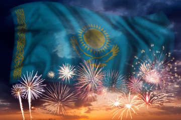 Fireworks and flag of Kazakhstan