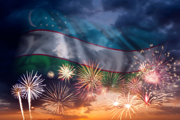 Fireworks and flag of Uzbekistan
