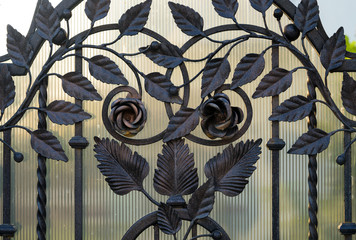 Details, structure and ornaments of forged iron gate. Floral decorative ornament, made from metal.