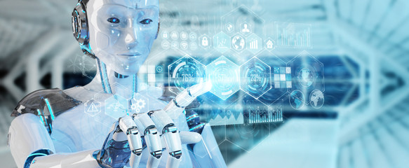 White woman cyborg using digital datas interface 3D rendering