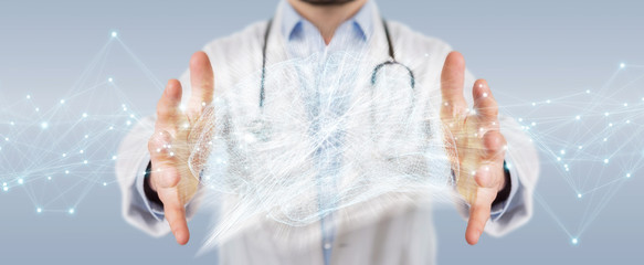 Doctor holding digital brain interface 3D rendering