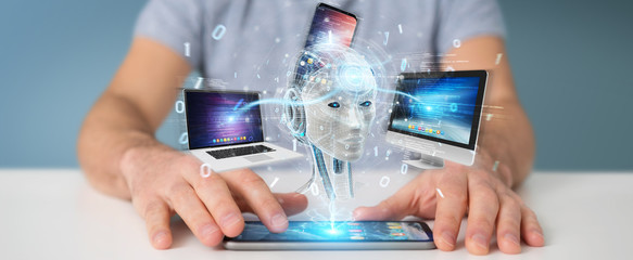 Businessman using white humanoid controlling modern devices 3D rendering
