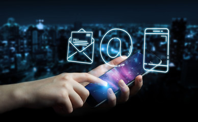 Businesswoman using thin line contact icon