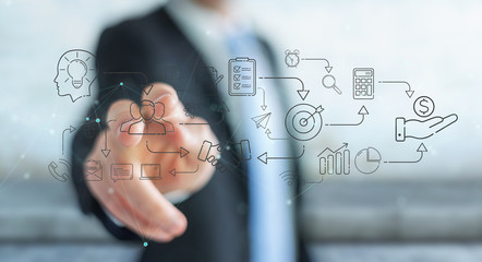 Businessman using thin line icon project plan presentation