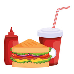 delicious sandwish with soda and bottle ketchup