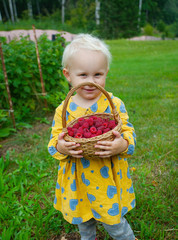 cute girl with raspberries in a basket