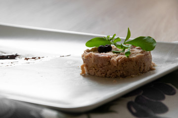 Tuna meat displayed on a white squared plate, and decored with vinegar glaze representing a ship. 