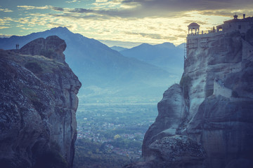 Sunset over Varlaam monastery in Meteora, Greece