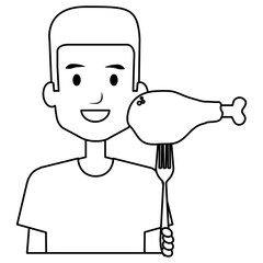 man with chicken thigh in fork