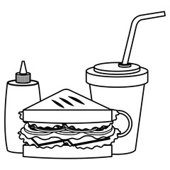 delicious sandwish with soda and bottle ketchup