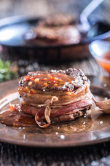 Grilled beef tenderloin steak with chili sauce in white plate