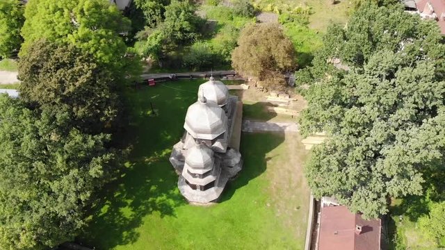 Ancient wooden St. Georges Church in Drohobych, Ukraine. World heritage site. Aerial view with fly around