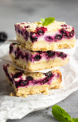 Cheesecake bars with blackberries and streusel with mint leaves on a white baking paper.
