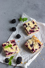 Obraz na płótnie Canvas Cheesecake bars with blackberries and streusel with mint leaves on a white baking paper.