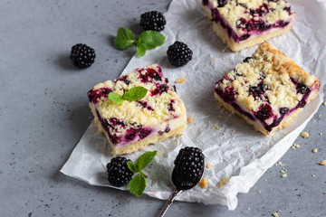 Cheesecake bars with blackberries and streusel with mint leaves on a white baking paper.
