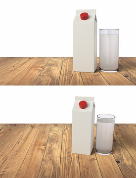 3D realistic render of blank milk packaking template with glass of milk on wooden table. Isolated on white background.