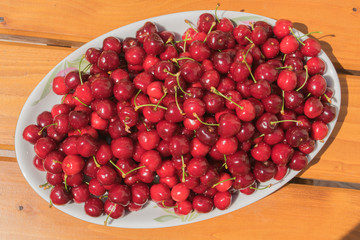 red and juicy cherries on a white plate