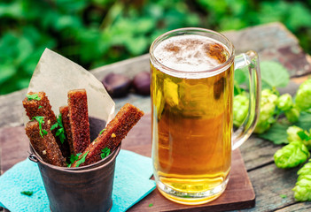 Beer with garlic rye croutons on table in garden outdoors 