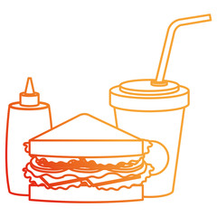 delicious sandwish with soda and bottle ketchup