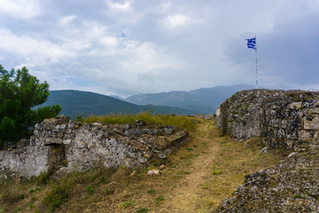 Naklejka premium Castle of saint George in Kefalonia, Greece. The castle was built on a hiltop by Byzantine Emperors in the 12th century. The Venetians gave its final form in the 16th century