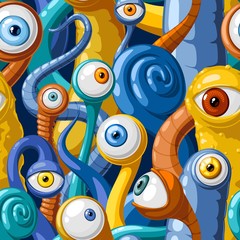 Бесшовный векторный узор из мультяшных глаз и щупалец монстров, в синих и желтых тонах