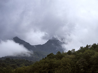 Mountains shrouded in clouds