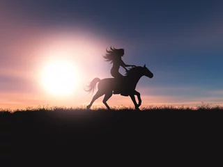 Printed kitchen splashbacks Horse riding 3D female riding her horse in a sunset landscape