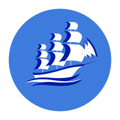 Yacht vector icon on waves, white and blue