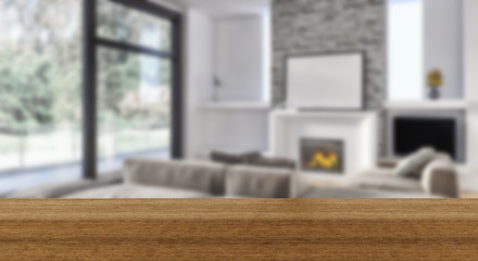 Wooden board empty Table Top And Blur Interior over blur Background, Mock up for display of product