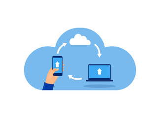 Cloud technology concept, data exchange between smartphone and laptop