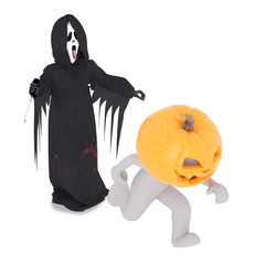 pumpkin head followed by scary movie man with mask