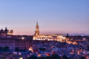 Toledo, Spain, Europe - with floodlit Toledo cathedral at night dusk