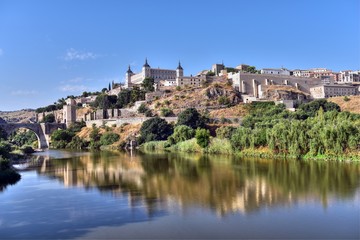 Toledo, Spain old town skyline at the Alcazar on the Tagus River