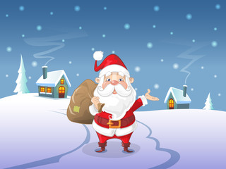 Cute Santa Claus with bag on winter landscape at night