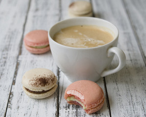 Morning cup of coffee, cake macaron