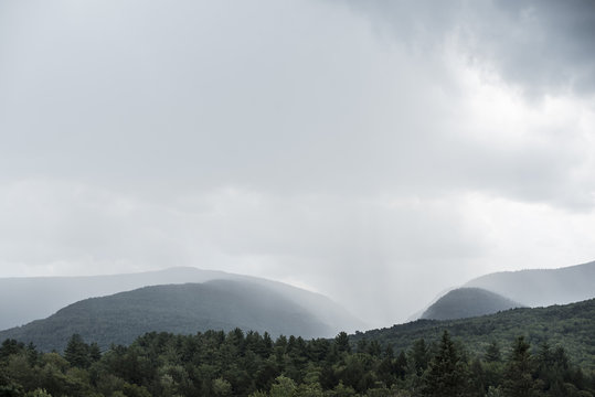 Mountain range in the Catskills, New York on a foggy day