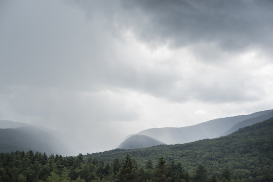 Mountain range in the Catskills, New York on a foggy day