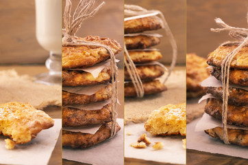 Collage of photos of sweet dessert on wooden background.