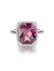 Pink tourmaline cushion cut halo ring isolated on white