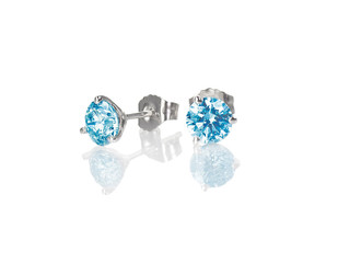 Blue diamond stud earrings topaz round brilliant isolated on white with a reflection