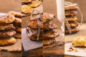A collage of photos of homemade cakes on wooden background.